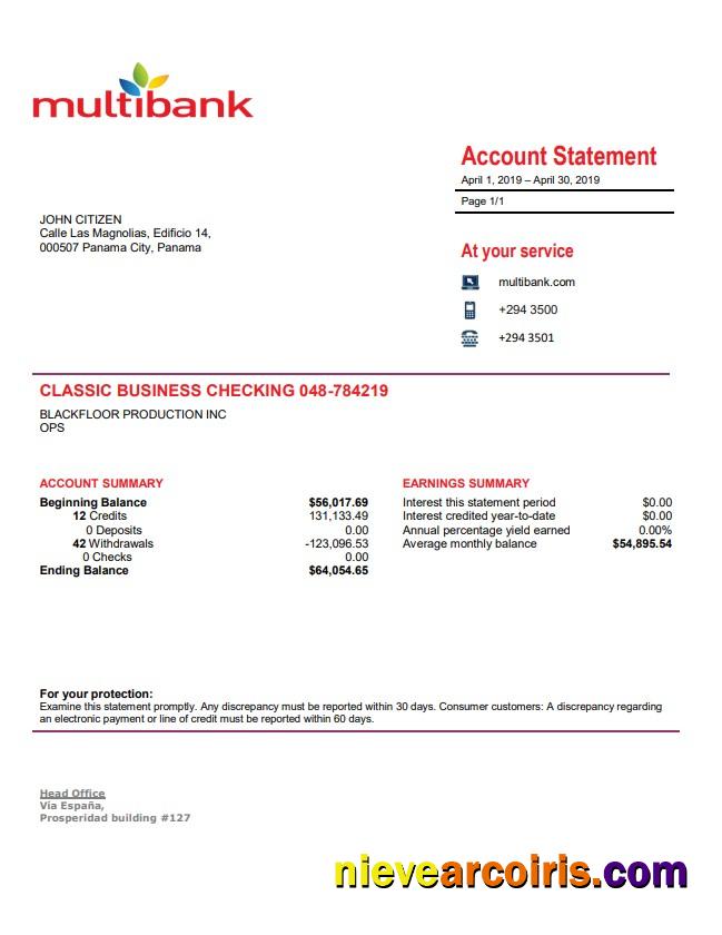 Panama Multibank bank statement